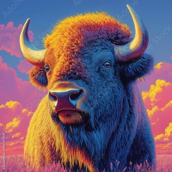 Fototapeta American buffalo in a colorful poster illustrative display with clouds in the sky