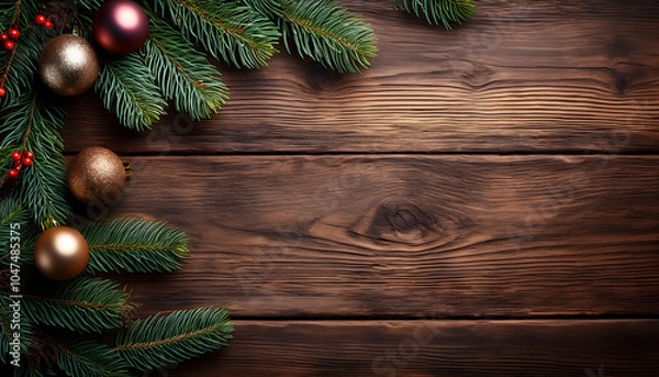 Fototapeta Vintage wooden table features a beautifully decorated fir tree branch border in a classic C_1(726)