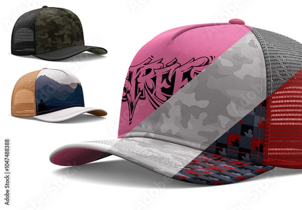 Fototapeta Fully Editable Trucker Cap Mockup – Customizable Photoshop Template for Hat and Baseball Cap Design