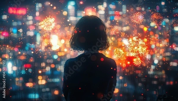 Fototapeta A girl in a dark blue coat with short hair stands sideways, gazing at the fireworks and city lights on New Year's Eve. 