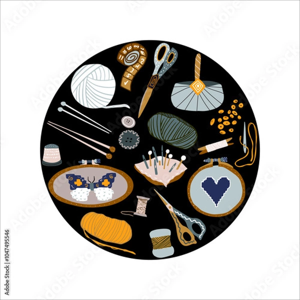 Fototapeta Needlework round compose black background vector