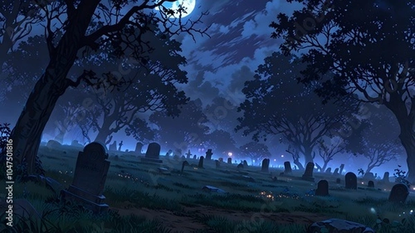 Fototapeta Moonlit Cemetery With Spooky Atmosphere
