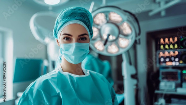 Fototapeta young female surgeon, in the background a team of doctors performing an operation