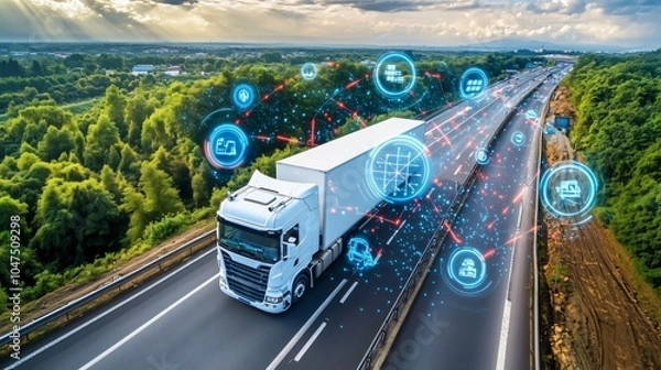 Fototapeta White truck driving on highway with ai data management system