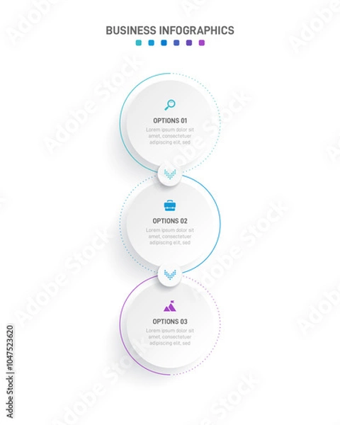 Fototapeta Vertical progress bar featuring 3 arrow-shaped elements, symbolizing the three stages of business strategy and progression. Clean timeline infographic design template. Vector for mobile presentation.