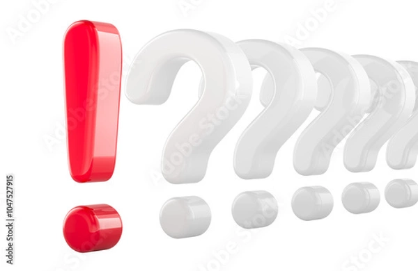 Fototapeta Exclamation mark with many question marks. 3D rendering isolated on transparent background