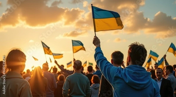 Obraz People gather at sunset, holding Ukrainian flags in a show of solidarity and national pride during a peaceful demonstration