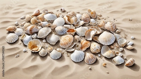 Fototapeta Realistic seashells collection on sandy beach surface in detailed artistic style