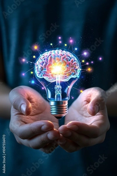 Obraz Hands Holding a Glowing Bulb with Creative Ideas