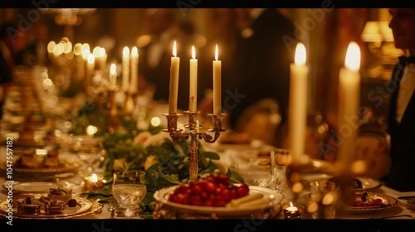 Obraz Elegant dinner party ambiance, candlelit table adorned with gourmet dishes, guests in formal attire savoring a delightful evening filled with laughter and fine dining
