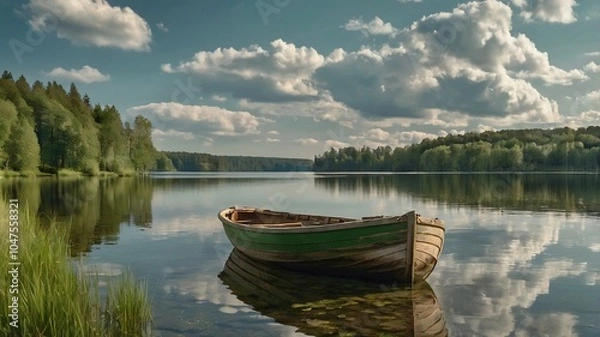 Obraz Stunning landscape in 16:9: calm lake, rustic boat, soft morning light. AI artwork by Leonardo AI. Ideal for website banners and digital projects.