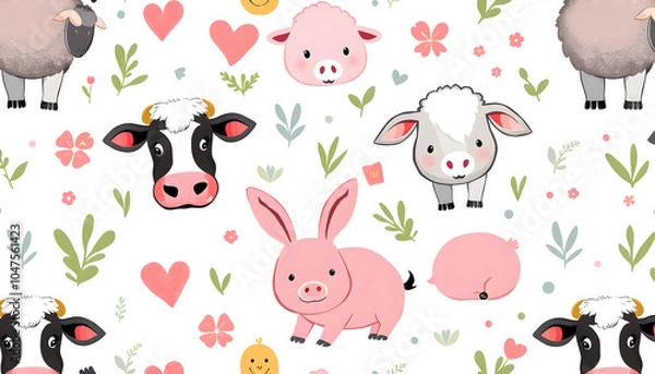 Fototapeta Seamless pattern with farm (domestic) animal - cow, sheep, pig and rabbit on white background. Cute print with colored graphic elements for textile, fabric, wrapping paper, scrapbooking, web design 