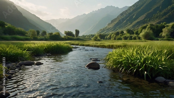 Obraz Evocative mountain valley landscape with a flowing river. 16:9 ratio. Use for travel marketing, meditation visuals, or digital art. Created in Leonardo AI.
