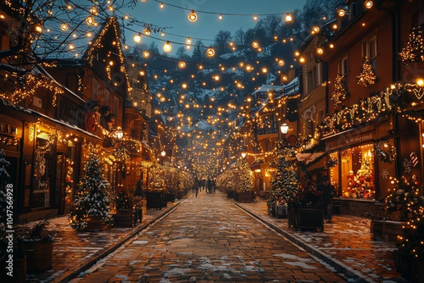 Fototapeta A town square decorated with holiday lights for MikoÅ‚ajki, representing the public celebration of the holiday season. Concept of public holiday displays.
