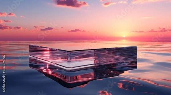 Fototapeta Elegant glass podium floating on water with sunset sky backdrop, ideal for luxury product display.