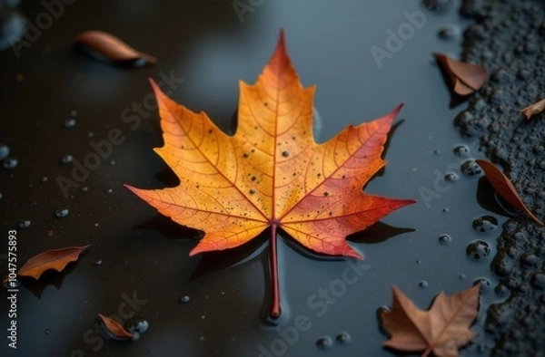Fototapeta Yellow autumn leaves in a puddle close up