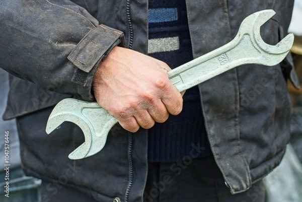 Fototapeta one big long industrial hard mechanical powerful iron gray with handle new wrench in dirty hand of worker in black jacket daytime outdoors