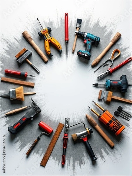 Fototapeta An artistic arrangement of tools creating a dynamic circle in a workshop setting, showcasing creativity and craftsmanship. Illustration.