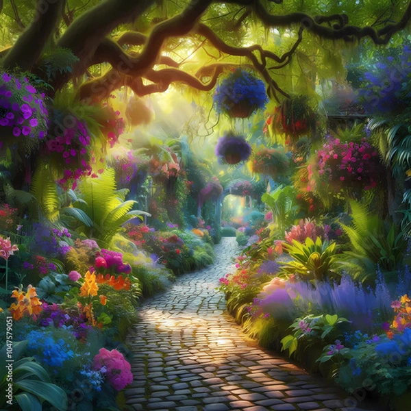 Obraz A serene and picturesque garden pathway adorned with vibrant flowers in hues of purple, blue, red, and yellow.