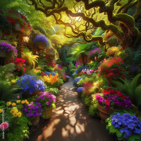 Fototapeta A serene and picturesque garden pathway adorned with vibrant flowers in hues of purple, blue, red, and yellow.