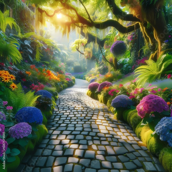 Fototapeta A serene and picturesque garden pathway adorned with vibrant flowers in hues of purple, blue, red, and yellow.
