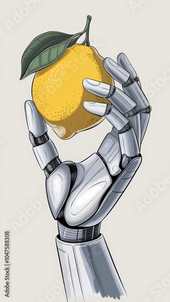 Fototapeta Robot Hand Holding Lemon with Leaf, Minimalist Illustration, Poster
