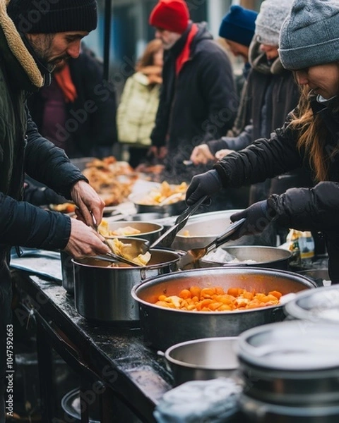 Fototapeta Food being served in a public setting, volunteers in winter attire, charity and giving food to those in need, outdoor assistance themes