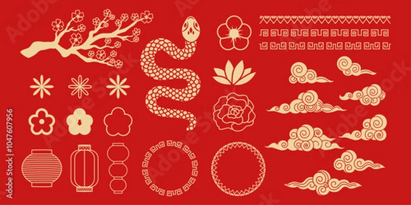 Fototapeta Traditional elements for decoration in Chinese style. Ornament. Chinese lanterns, frames, year of the snake, clouds, flowers. Trendy modern design. Line art. Japanese. Shapes . Chinese New Year. 