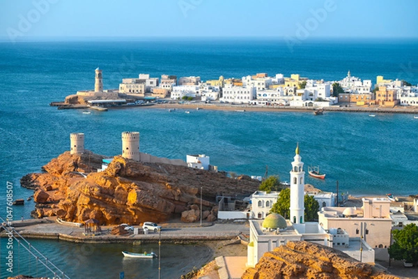 Obraz Panoramic view of ancient city Sur with Gulf of Oman, lighthouse and traditional architecture in Oman