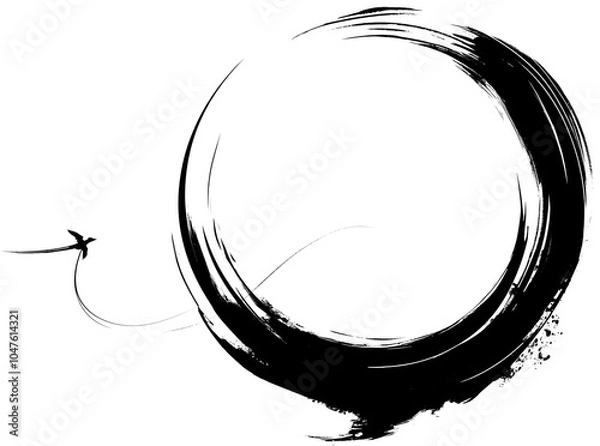 Fototapeta Black ink brush strokes and drops naturally form a circle, an abstract bird at the side, The Ink texture is inspired by traditional Asian calligraphy
