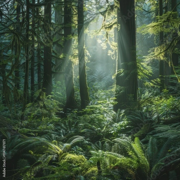 Fototapeta Lush green forest with tall trees and beams of sunlight filtering through the dense canopy, illuminating a soft bed of moss and ferns on the forest floor
