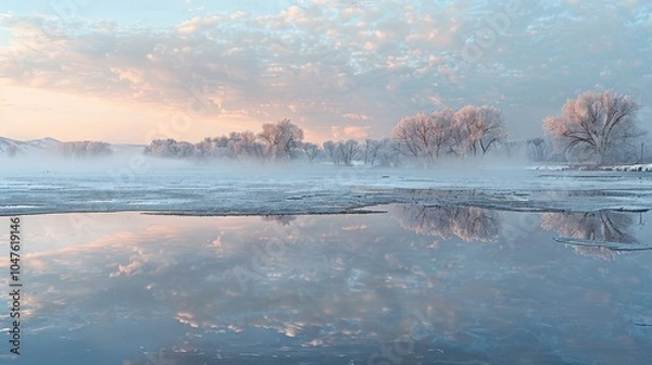 Obraz Winter sunrise over a frozen lake, with mist rising from the water and snow-covered trees reflecting in the ice 