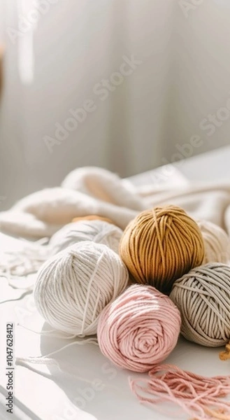 Obraz Knitting. Balls of cotton and wool yarn in warm tones on a white table. Boho, bed tones, orange, pink, turquoise, hobby