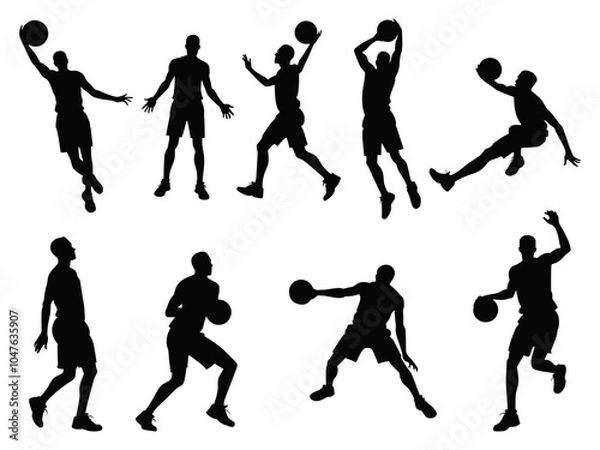 Fototapeta Black silhouettes of basketball players in action poses: dribbling, shooting, passing, and dunking. Suitable for sports designs