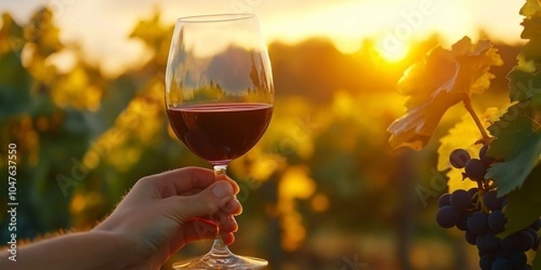 Fototapeta A hand holds a glass of wine against a backdrop of a vineyard at sunset, symbolizing elegance and appreciation.