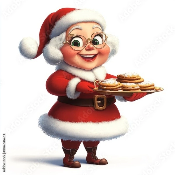 Fototapeta Smiling Mrs. Claus holds a plate of cookies.