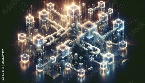 Obraz Abstract Blockchain Visualization with Interlocking Chains, Digital Cubes, and Transparent Blocks Representing Security, Decentralization, and Transparency