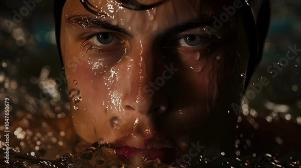 Fototapeta Swimmer exudes focus and intensity in a moody portrait