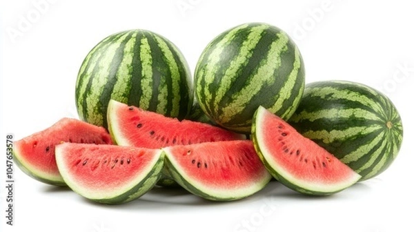 Fototapeta Group of watermelons with slices and peels, isolated on a pure white background, capturing their fruity appeal