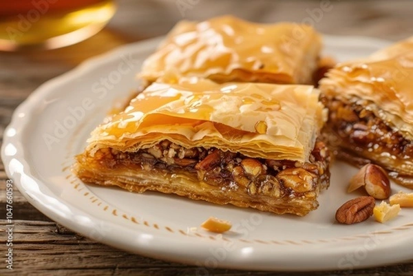 Fototapeta A serving of baklava, layers of filo pastry filled with chopped nuts and honey syrup, cut into diamond shapes