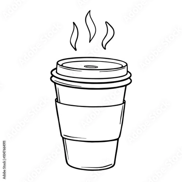 Obraz Paper coffee cup sketch. Coffee to go outline drawing painted by black inks. Hand drawn vector illustration on white background. Monochrome picture Coffee hot drink take away. Outline line icon