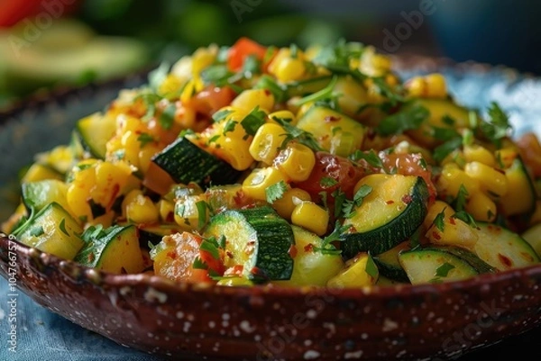 Fototapeta A serving of calabacitas, a vegetable medley with zucchini, corn, tomatoes, and cheese, garnished with fresh cilantro