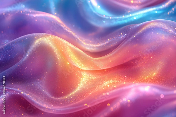 Fototapeta Colorful silk fabric flowing in waves under soft lighting creates a dreamy and ethereal atmosphere with subtle sparkles reflecting light