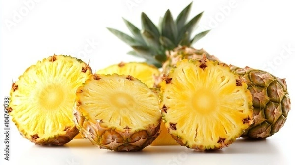 Fototapeta Group of pineapples with slices and peels, isolated on a pure white background, capturing their fruity and exotic nature