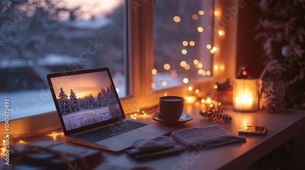 Fototapeta A warm and inviting workspace features a laptop displaying a snowy landscape, accompanied by a steaming cup of tea. Twinkling lights illuminate the cozy setting near a frosty window at dusk.