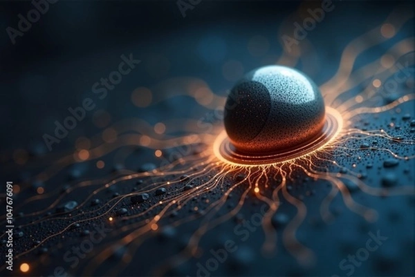 Fototapeta Metallic sphere with glowing magnetic field lines in dark abstract environment