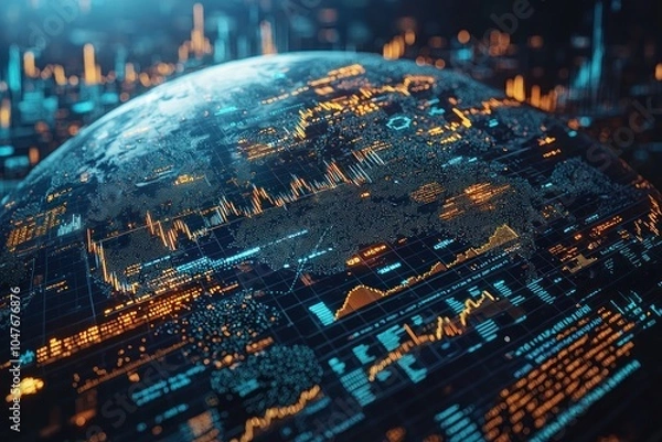 Fototapeta Digital Globe with Data Visualization and a Cityscape in the Background