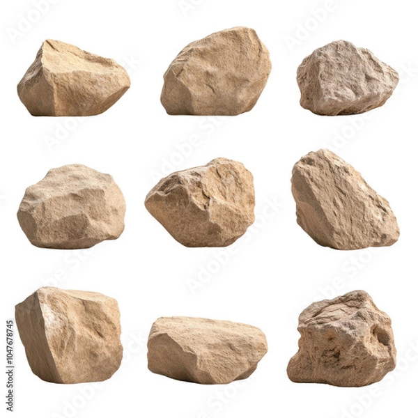 Fototapeta Collection of unique rocks on a white isolated background.