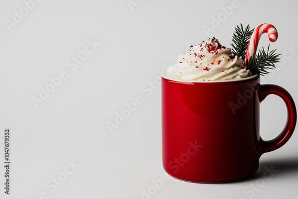 Fototapeta Festive holiday drink in a red mug, garnished with whipped cream, red sprinkles, a candy cane, and a touch of pine