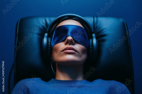 Fototapeta Patient relaxing in a comfortable chair, wearing headphones and an eye mask, during a ketamine therapy session